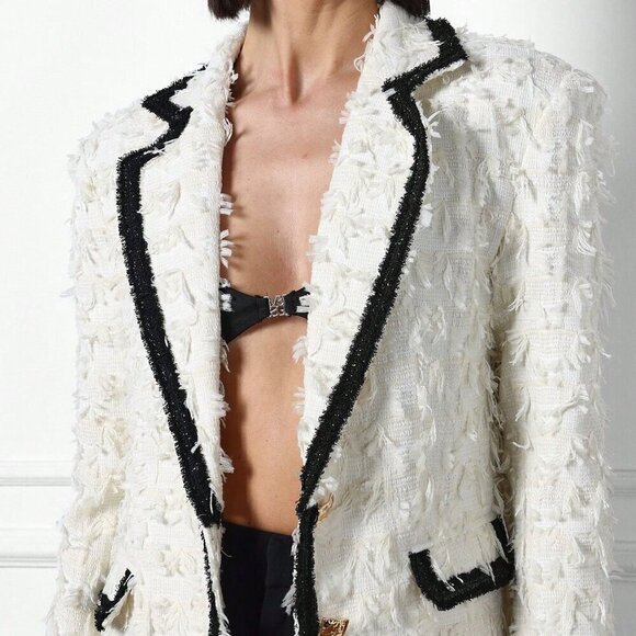 Apricot Preppy Women's Textured Color Block Tweed Jacket - Picture 4 of 4